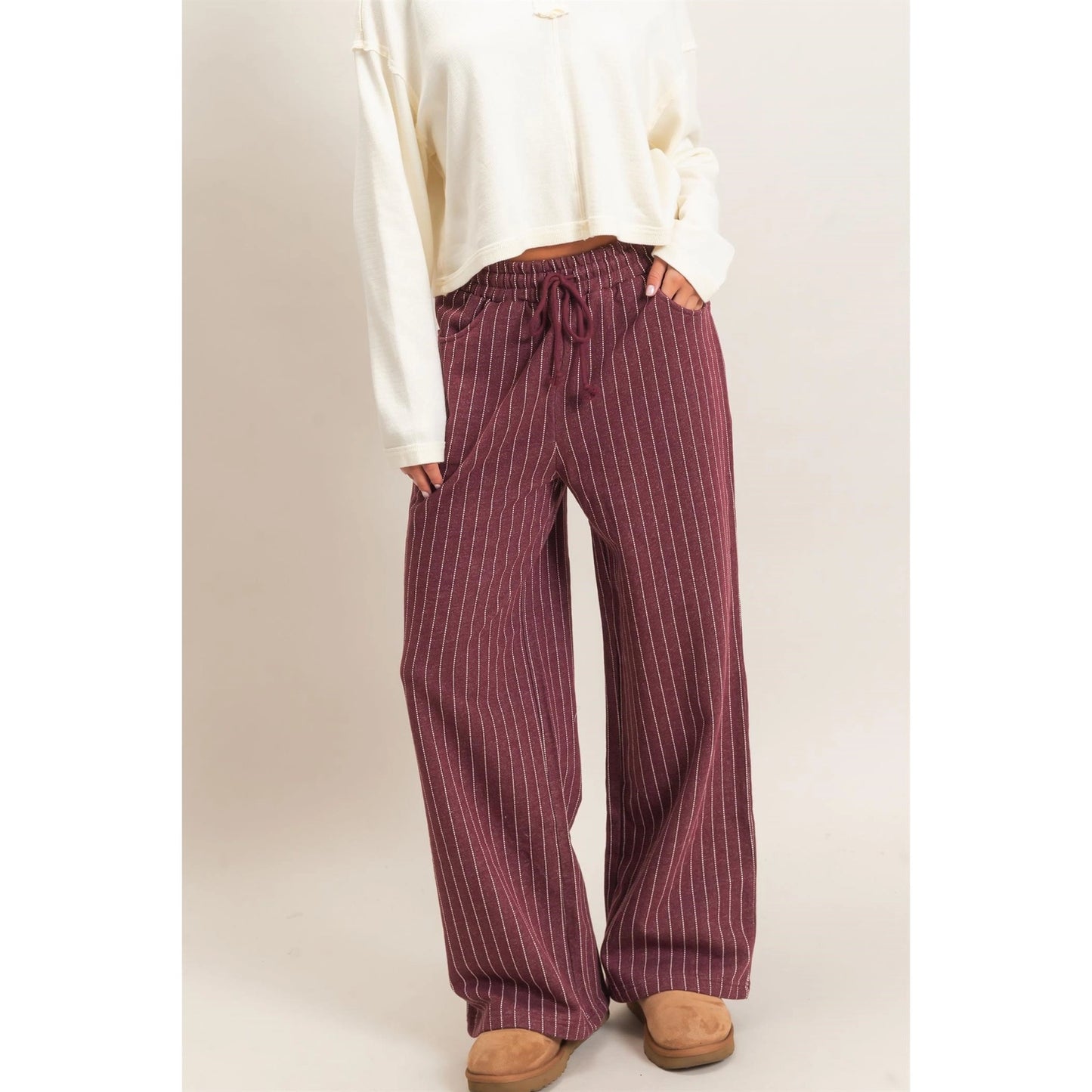Teagan Pinstripe Pant- Dark Cherry