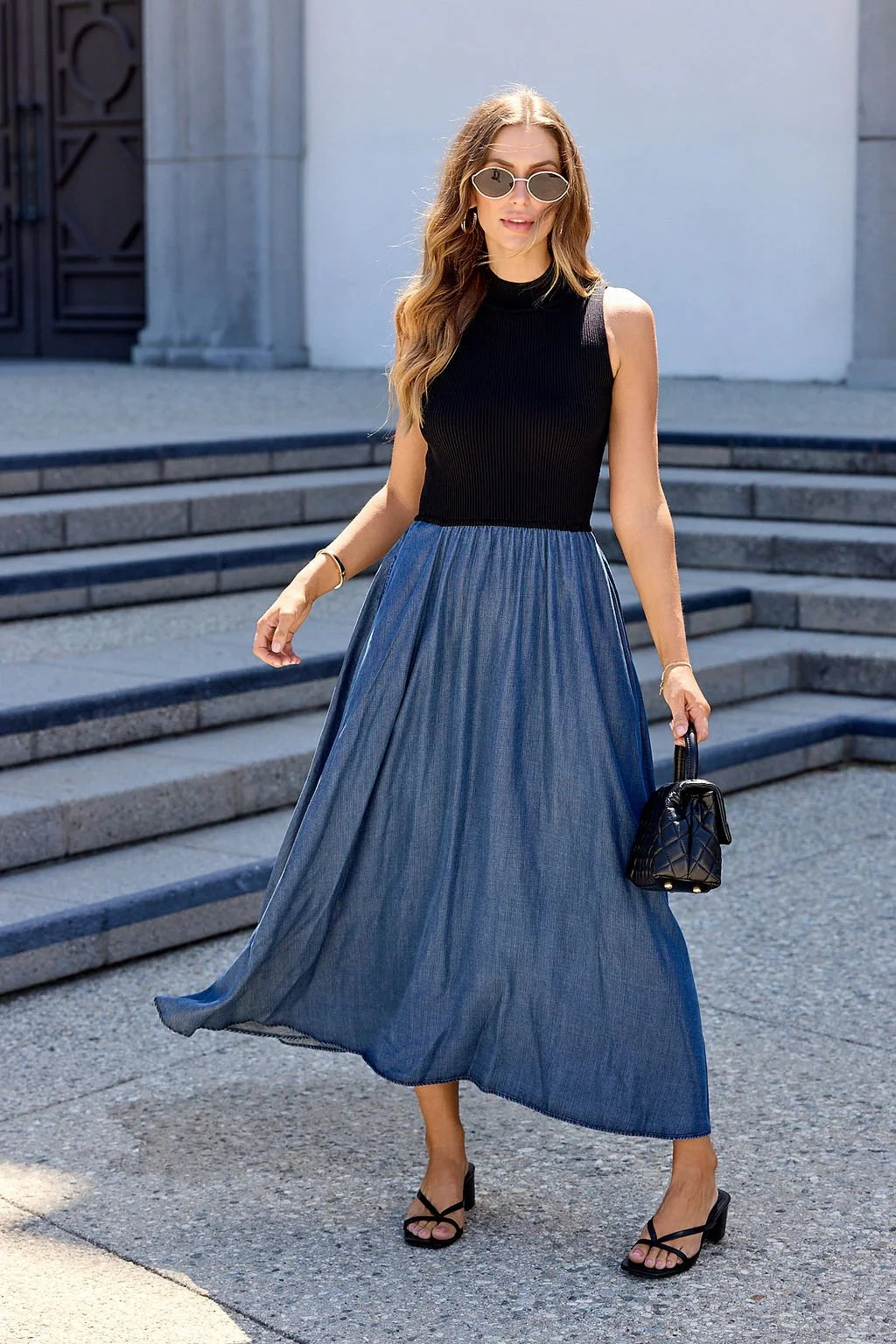Skyler Black/Denim Midi Dress