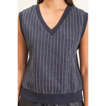 Teagan V-Neck Pinstripe Top- Navy
