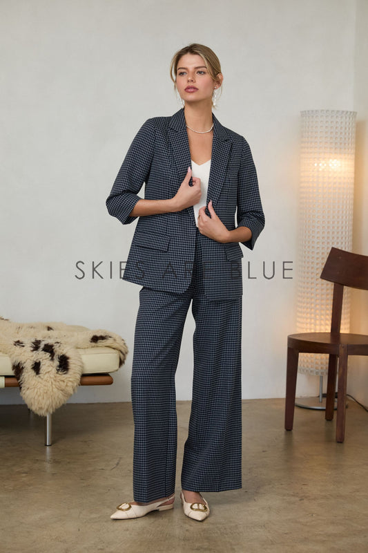 Jena Grid Cuffed Blazer- Navy