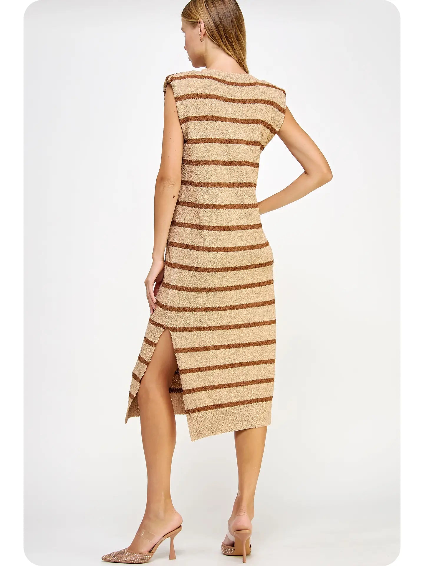 Alice Textured Striped Knit Dress- Tan