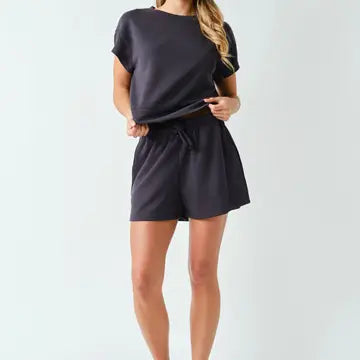 Luxe Sand Wash Rib Classic Tee Set- Black