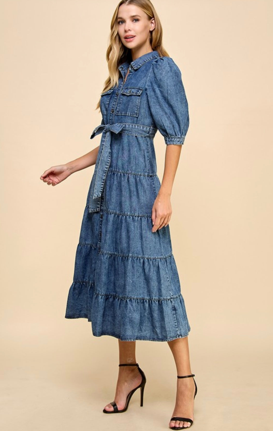 Hazel Denim Tiered MIDI Dress