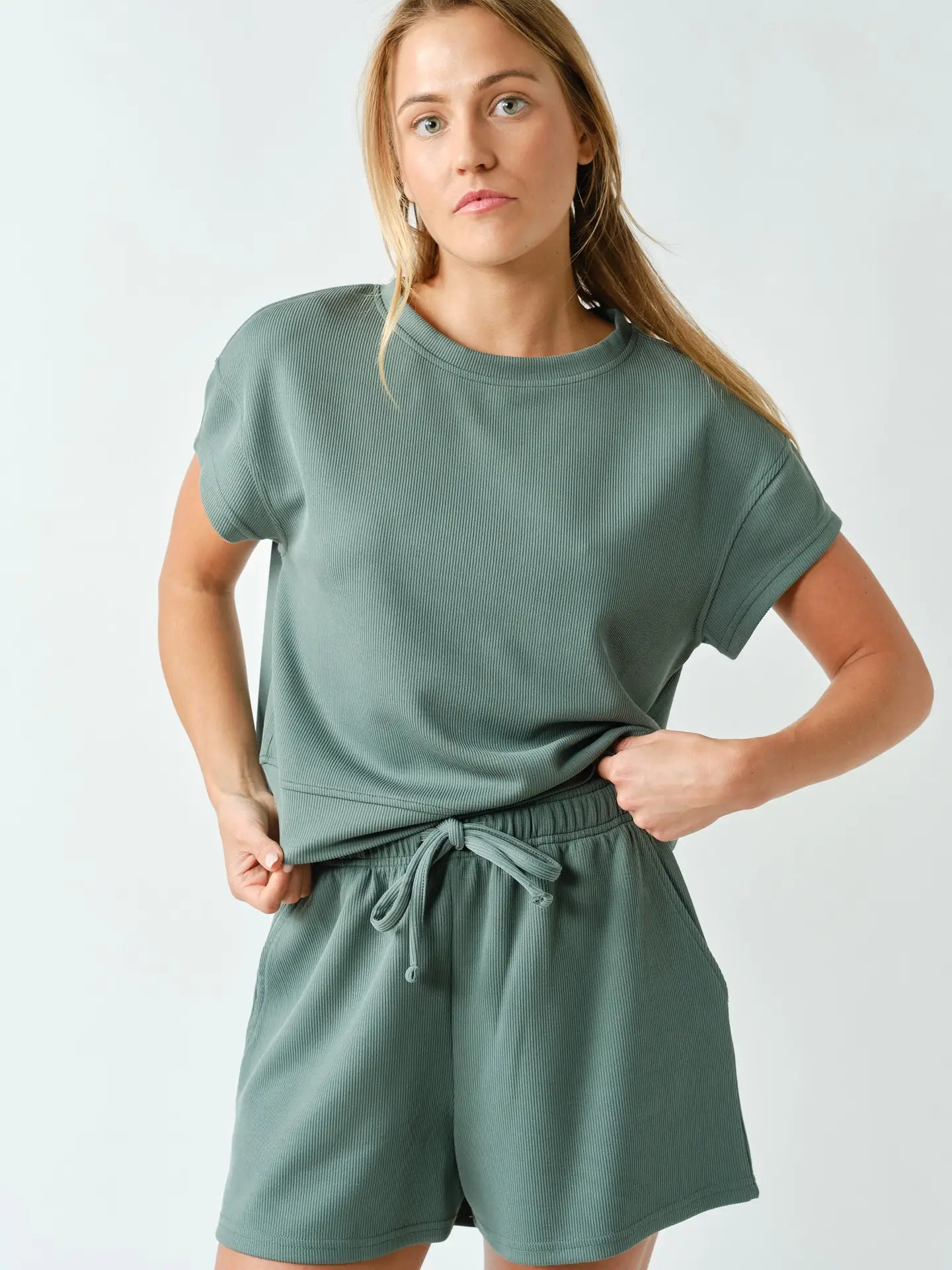 Luxe Sand Wash Rib Classic Tee Set- Eldergreen