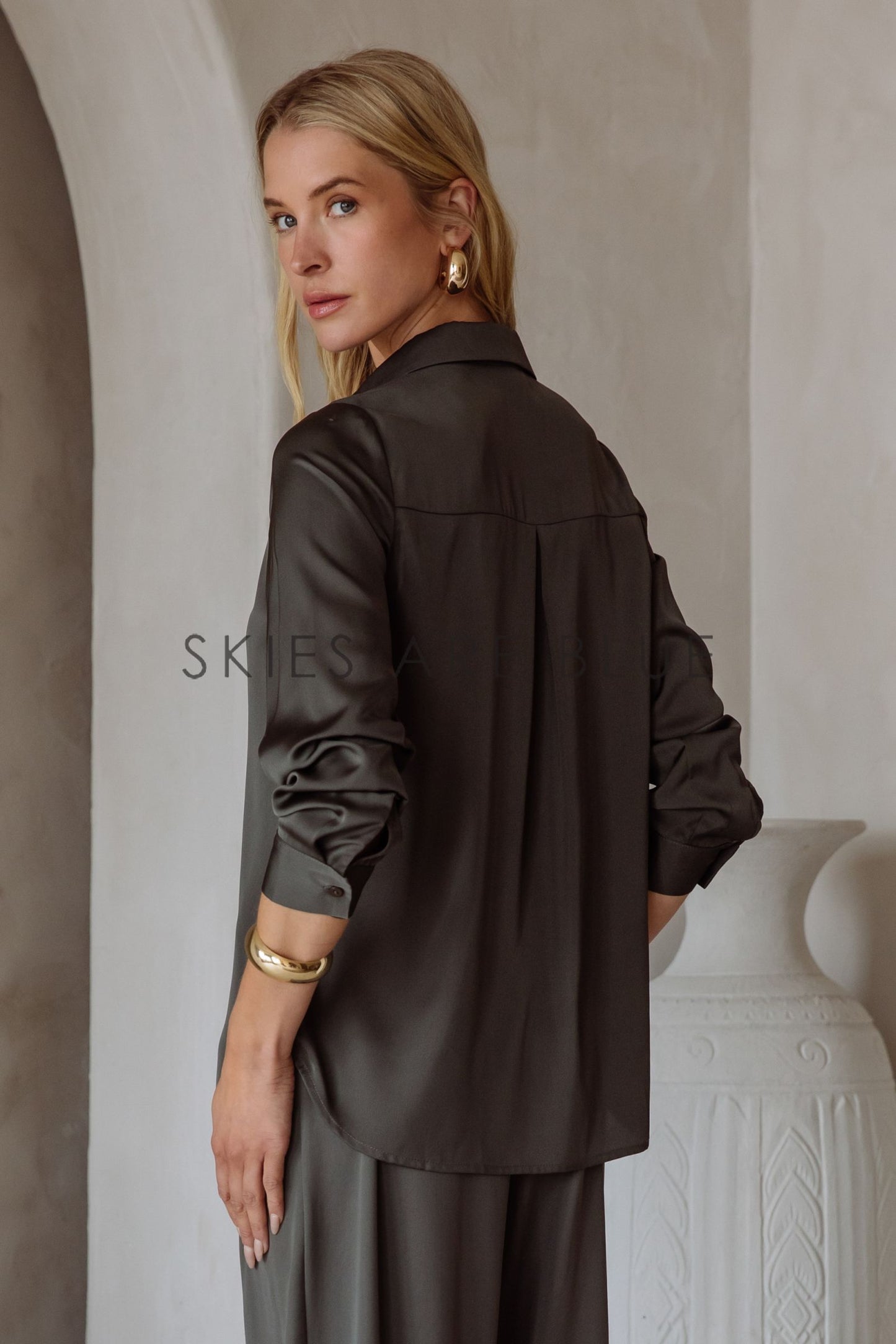 Eliza Satin Button Down Blouse- Olive