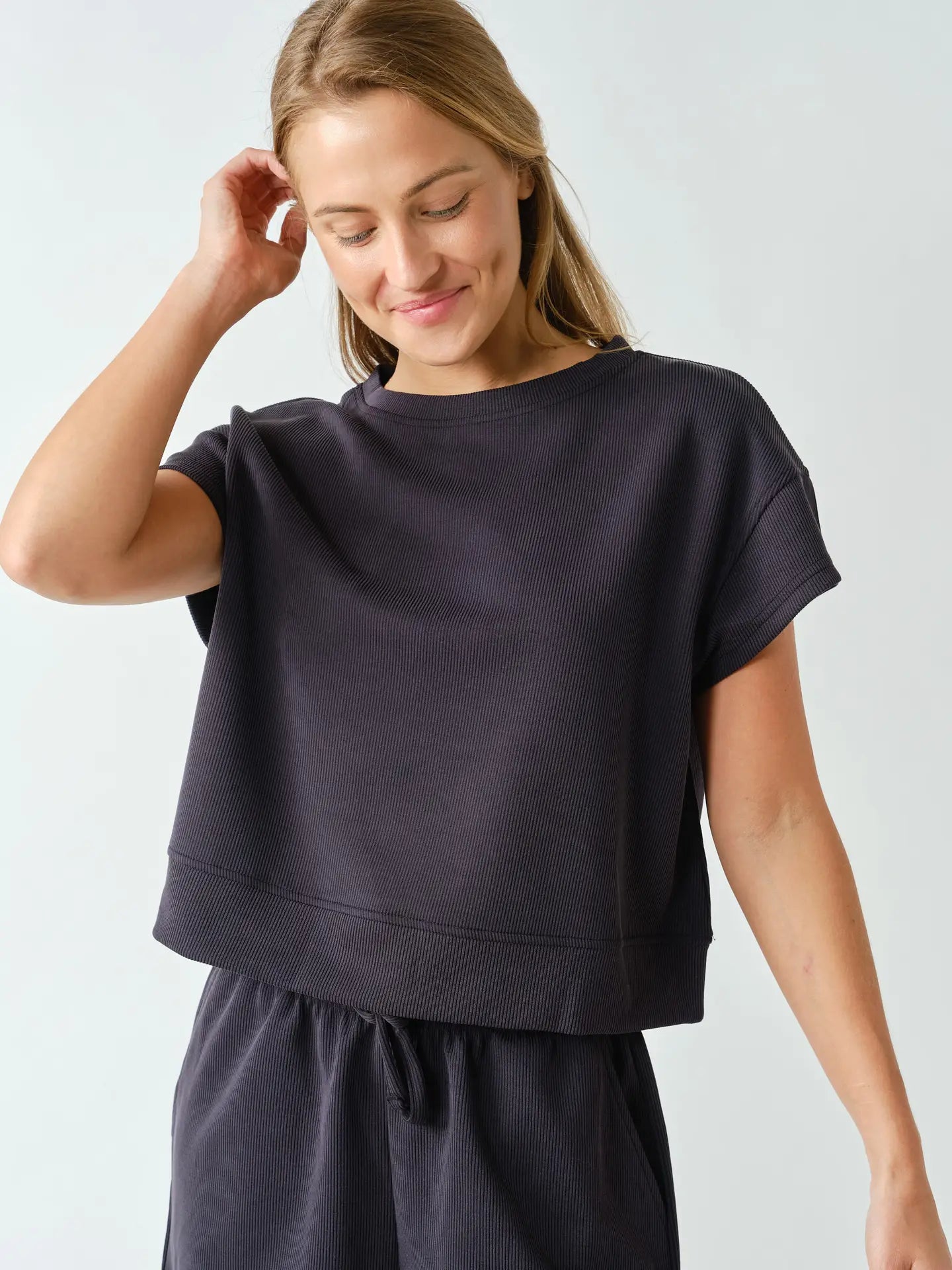 Luxe Sand Wash Rib Classic Tee Set- Black