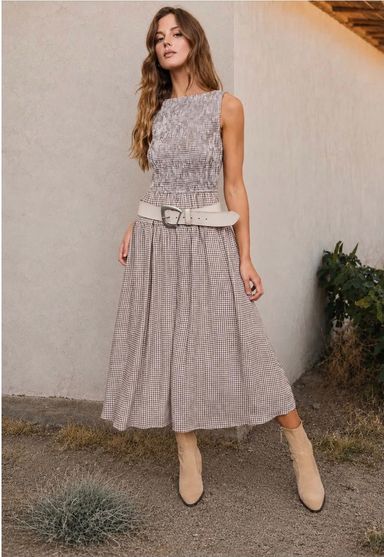 Gigi Smocked Gingham Dress- Brown