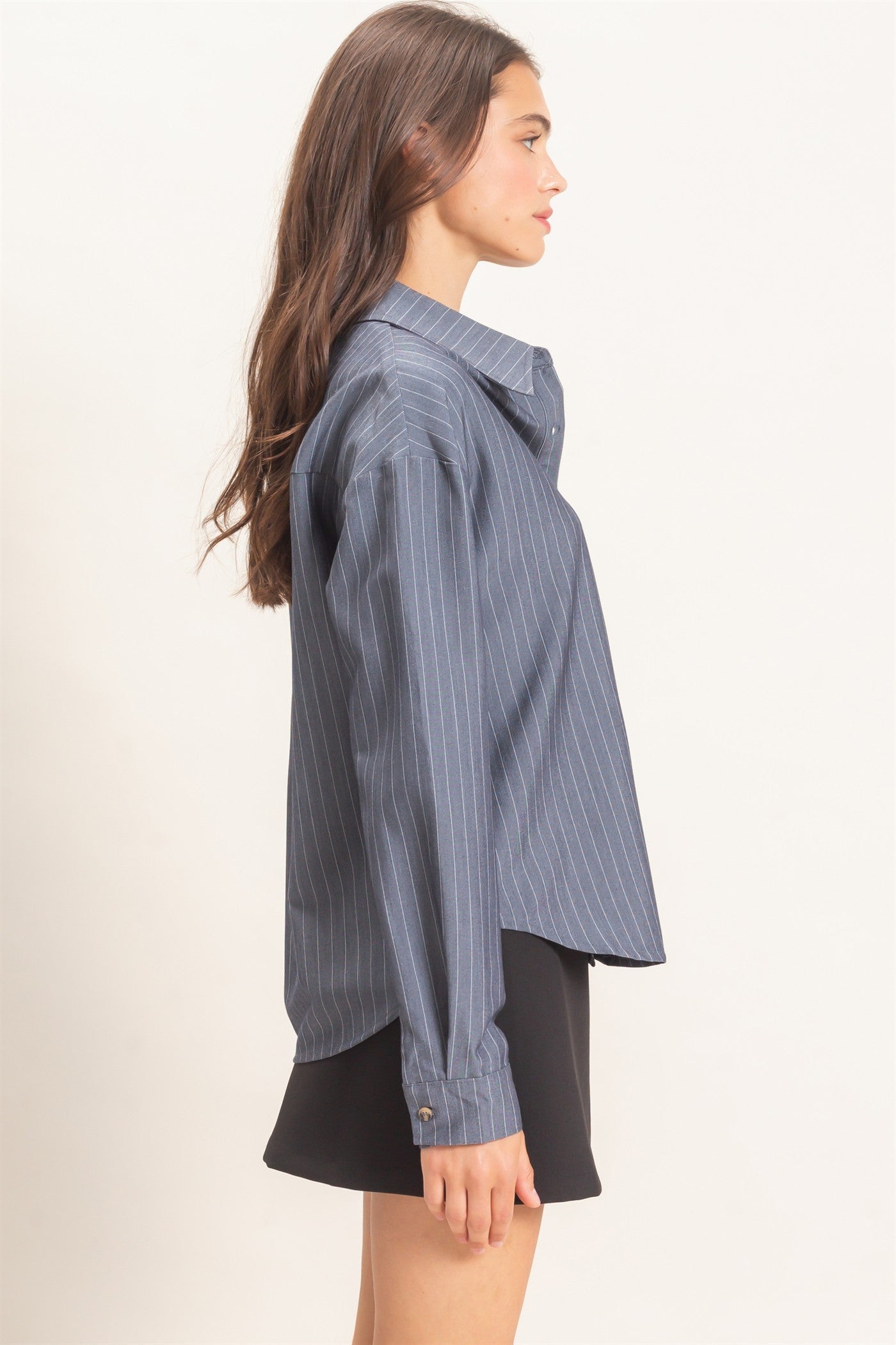 Leti Pinstripe Button Up-  Light Navy