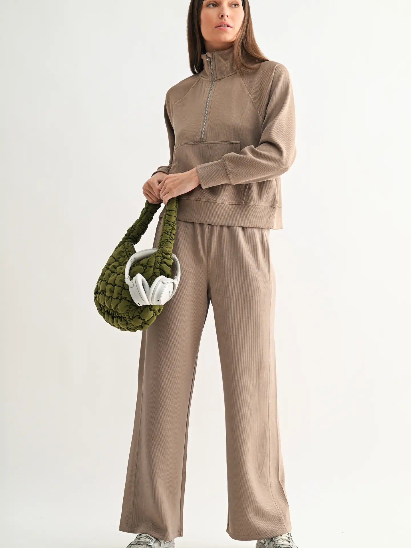 Luxe Sand Wash Rib 1/4 Zip Top- Taupe