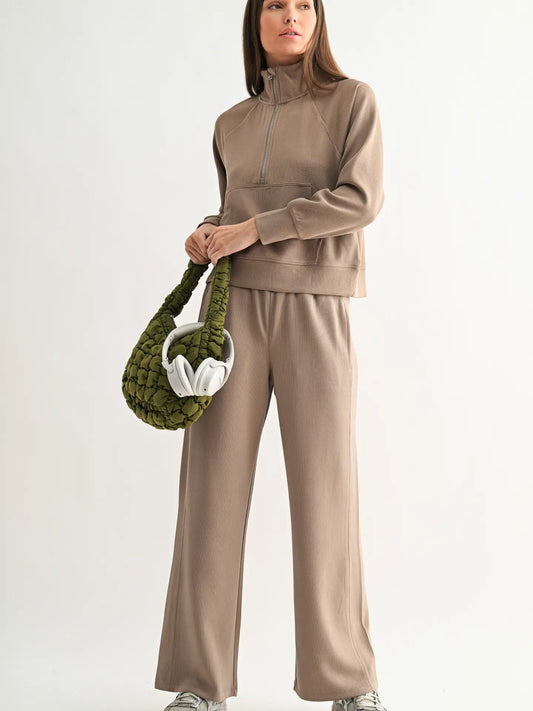 Luxe Sand Wash Rib 1/4 Zip Top- Taupe