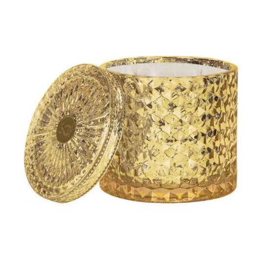 Pumpkin Chai shimmer candle in gold decorative glass jar with lid