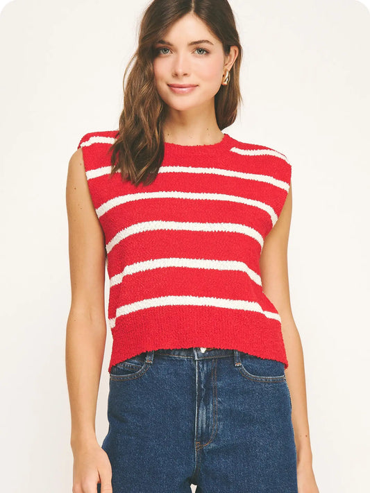 Anna Sleeveless Textured Striped Knit Top- Red