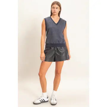 Teagan V-Neck Pinstripe Top- Navy