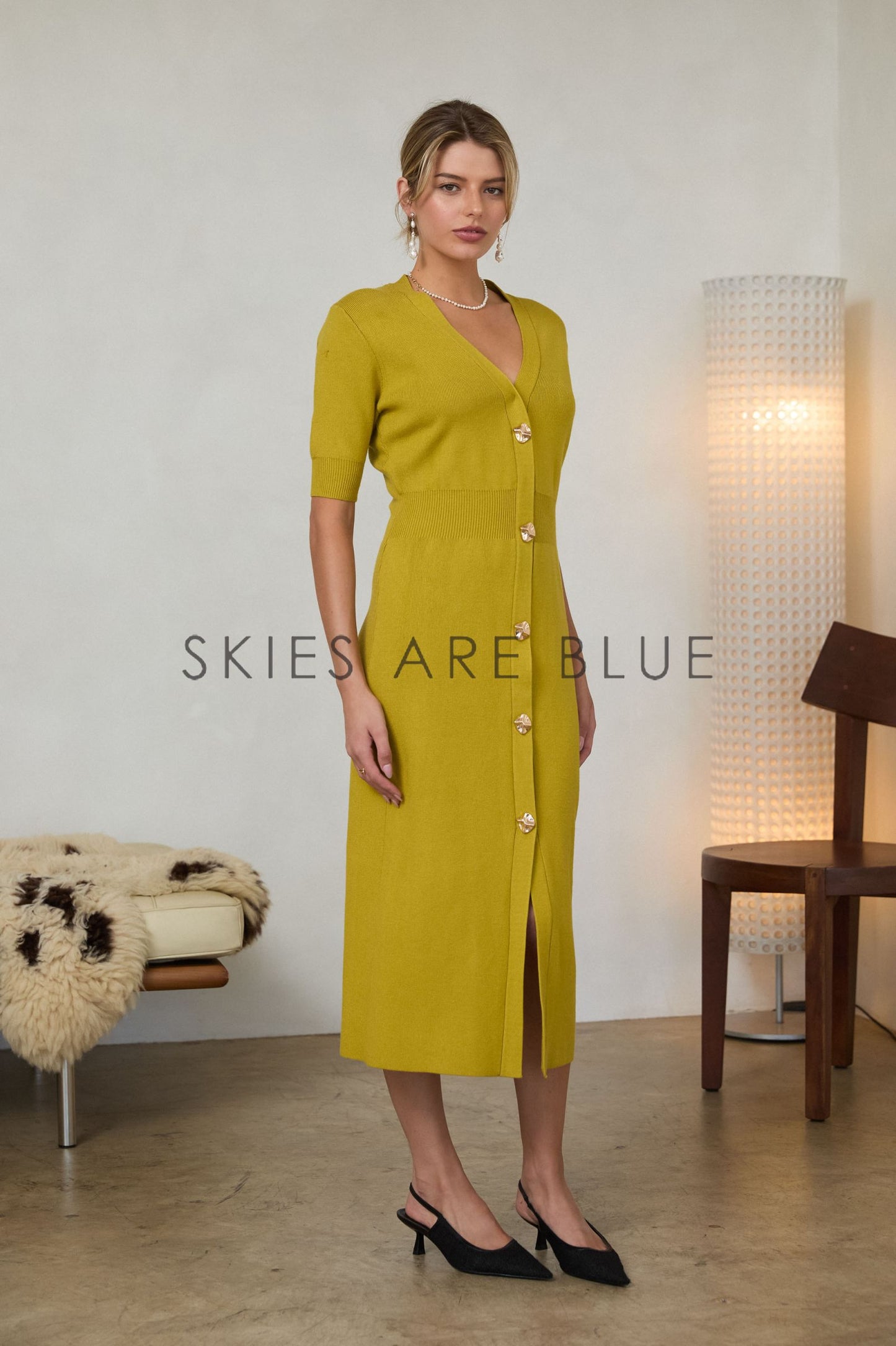 Tiffany Ribbed Short Sleeve Dress- Chartreuse