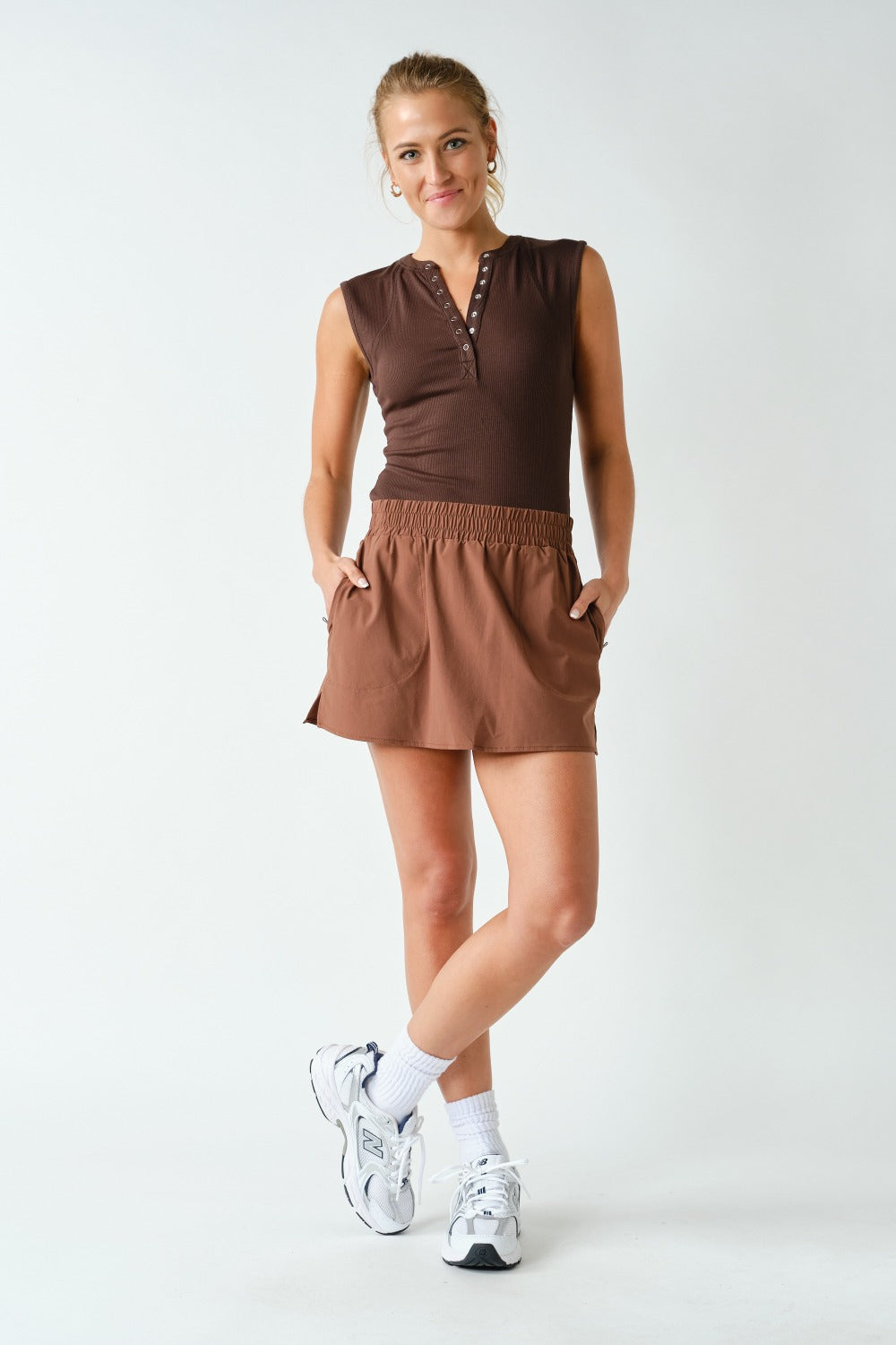 Essential Rib Henley Tank- Coffee Bean