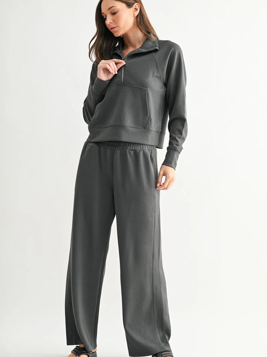 Luxe Sand Wash Rib Wide Leg Pant- Grey