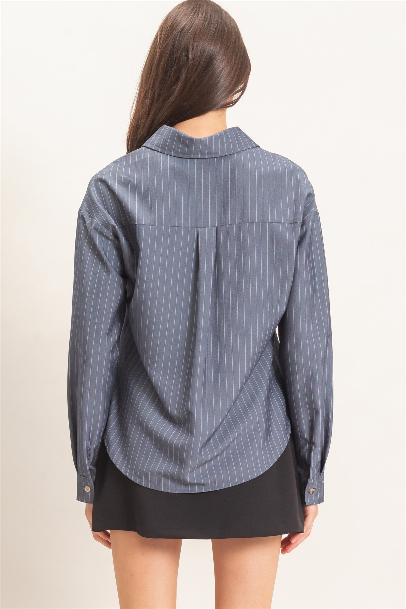 Leti Pinstripe Button Up-  Light Navy