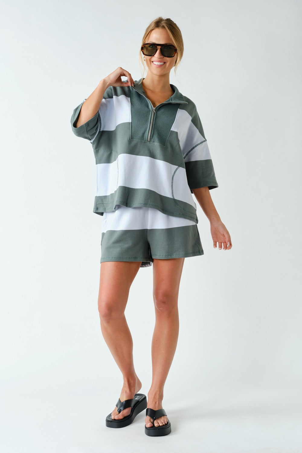 Striped Half Zip Shorts Set- Green/Blue