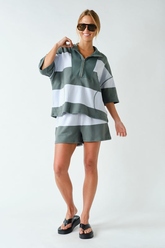 Striped Half Zip Shorts Set- Green/Blue