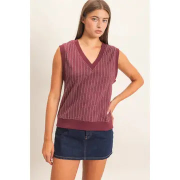 Teagan V-Neck Pinstripe Top- Dark Cherry