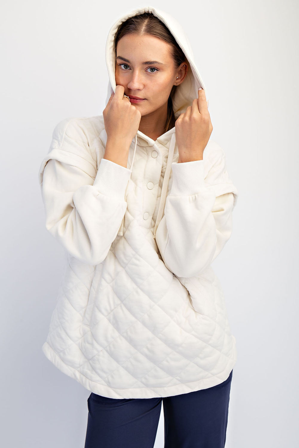 Jacey Quilt + Fleece Hoodie Jacket- Bone