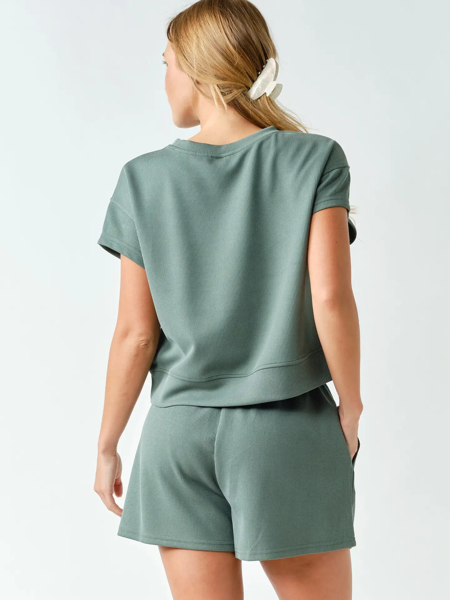 Luxe Sand Wash Rib Classic Tee Set- Eldergreen