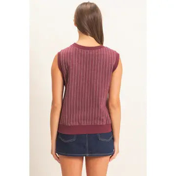 Teagan V-Neck Pinstripe Top- Dark Cherry