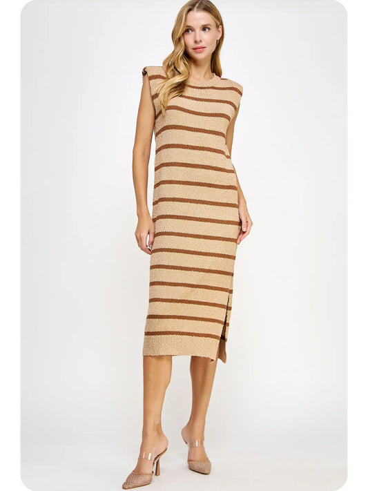 Alice Textured Striped Knit Dress- Tan