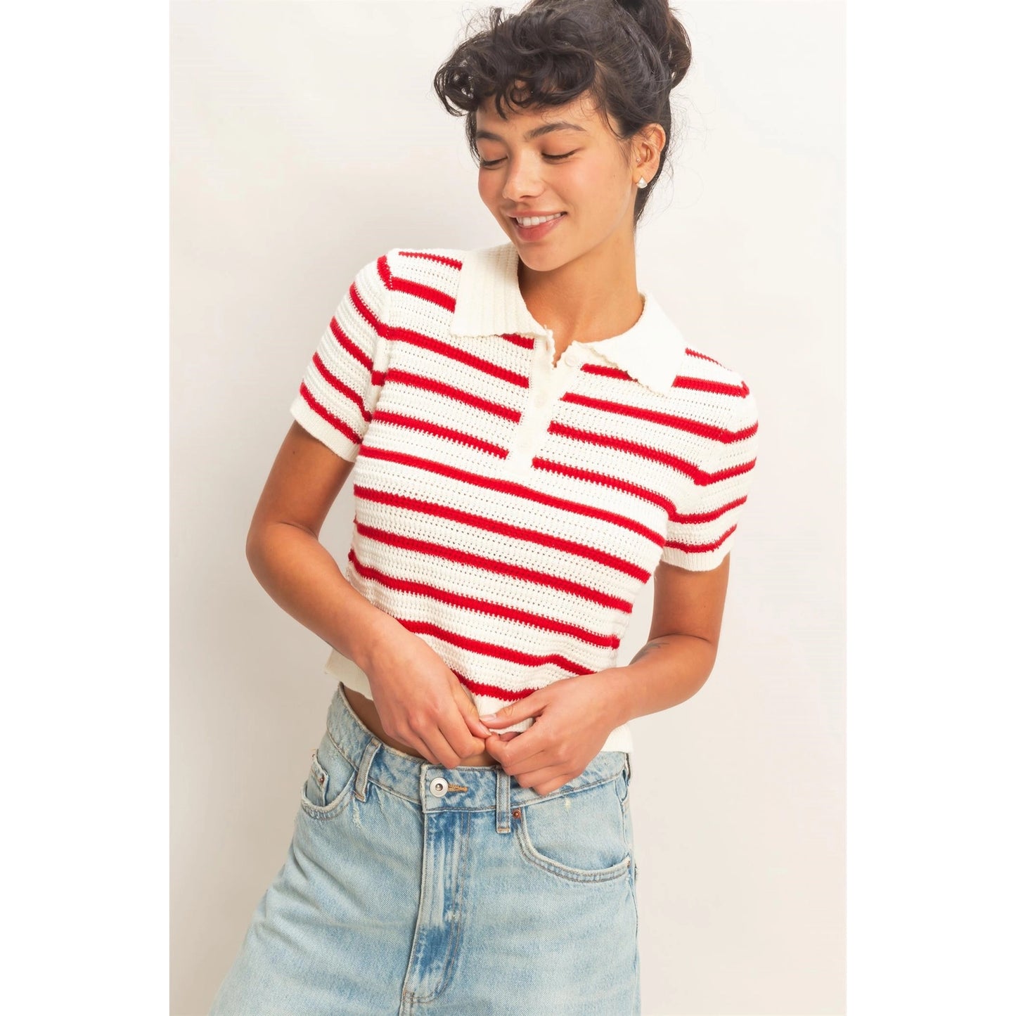 Marie Knit Polo Top- Red