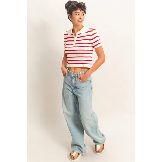 Marie Knit Polo Top- Red