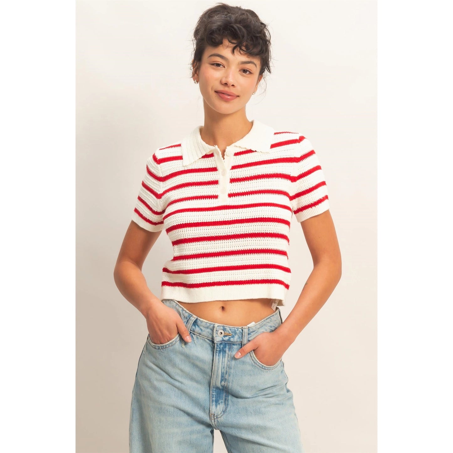 Marie Knit Polo Top- Red
