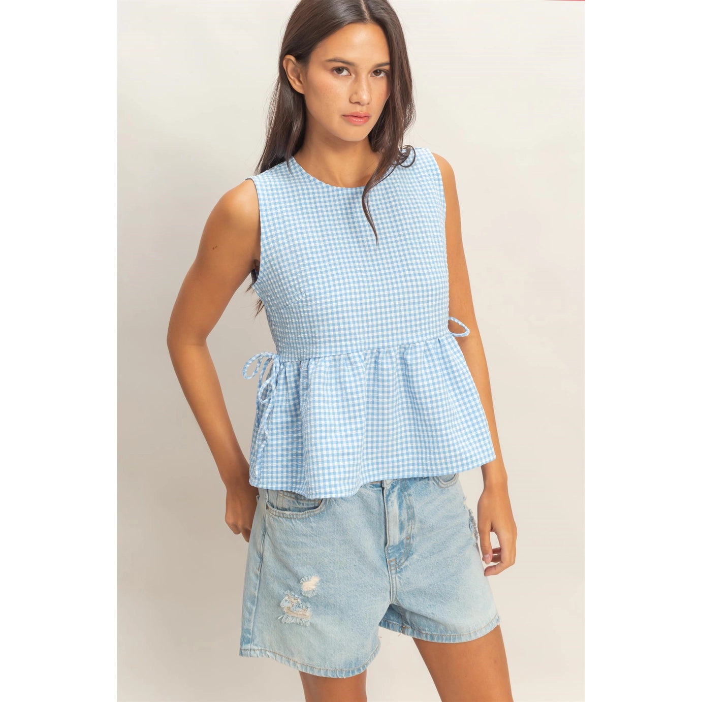 Ellie Gingham Top- Baby Blue