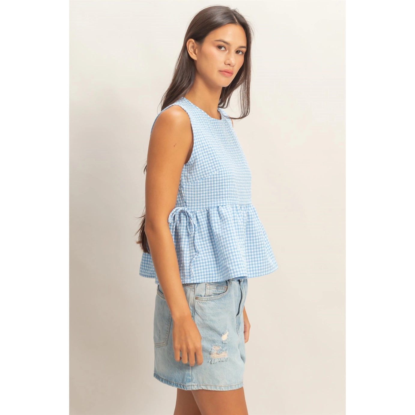 Ellie Gingham Top- Baby Blue