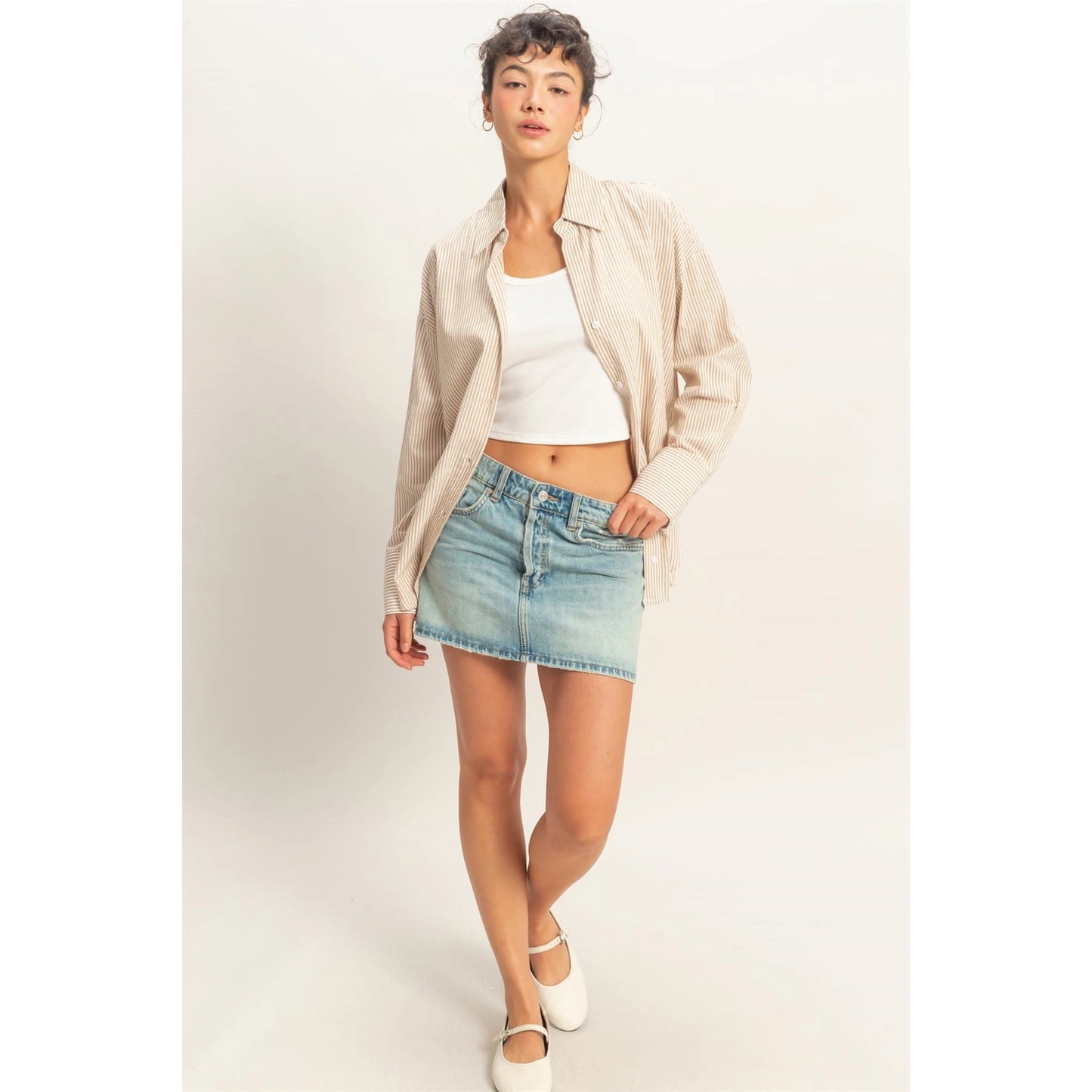 Della Striped Button-Up Taupe