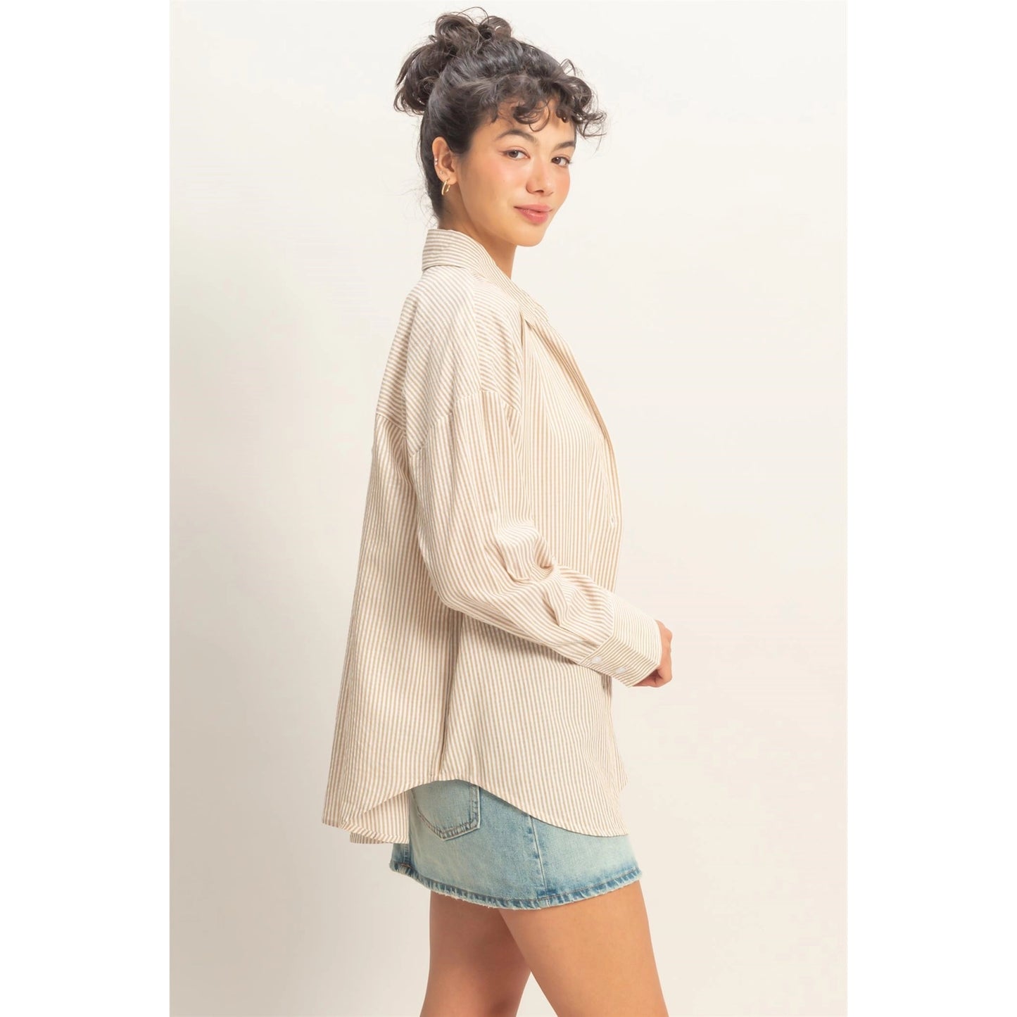 Della Striped Button-Up Taupe