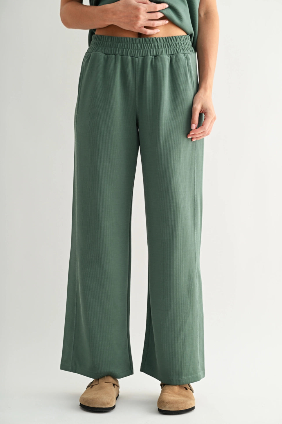 Luxe Sand Wash Rib Pants- Eldergreen