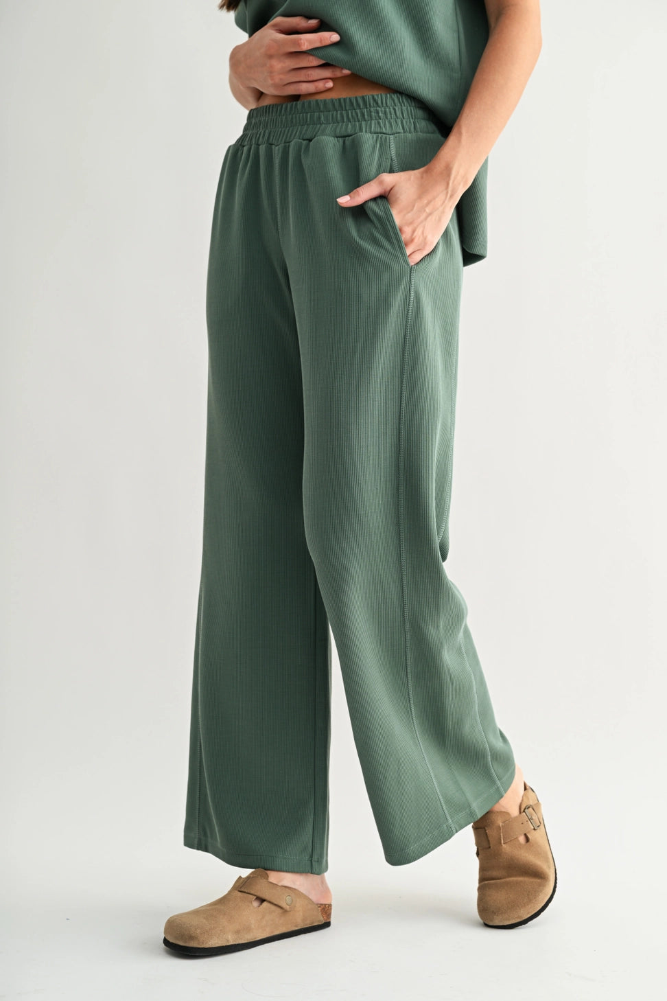 Luxe Sand Wash Rib Pants- Eldergreen