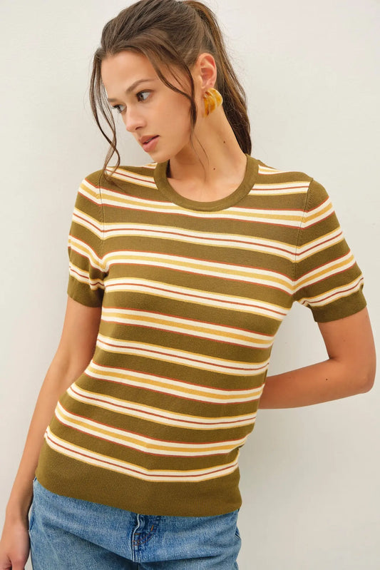 Classic Fit Striped Sweater Top- Olive
