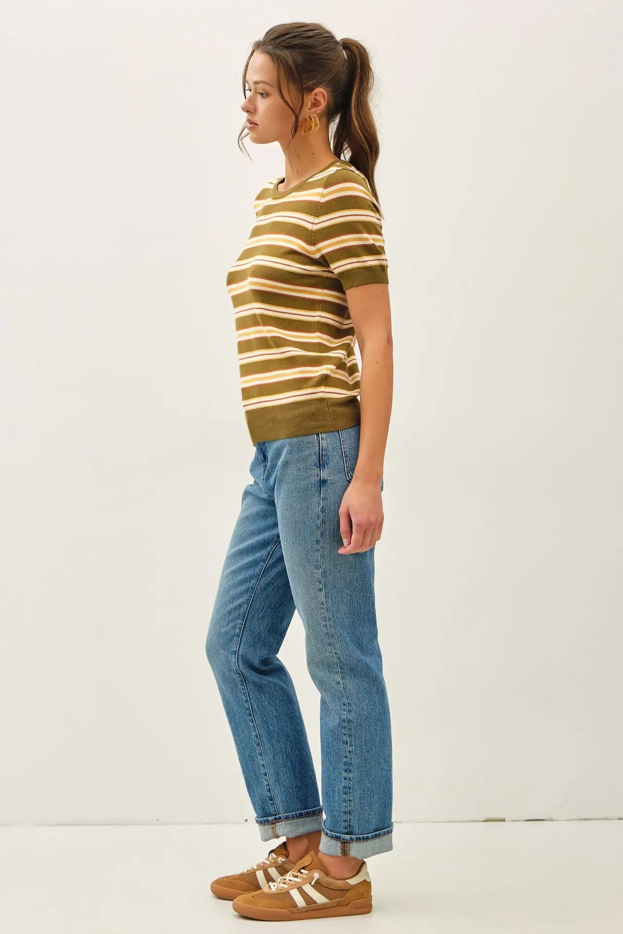 Classic Fit Striped Sweater Top- Olive