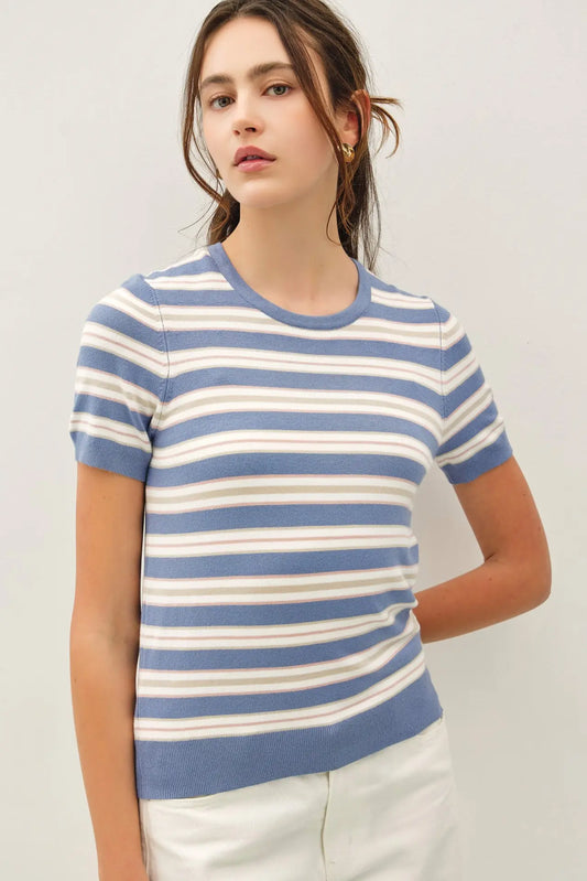 Classic Fit Striped Sweater Top- Dusty Blue