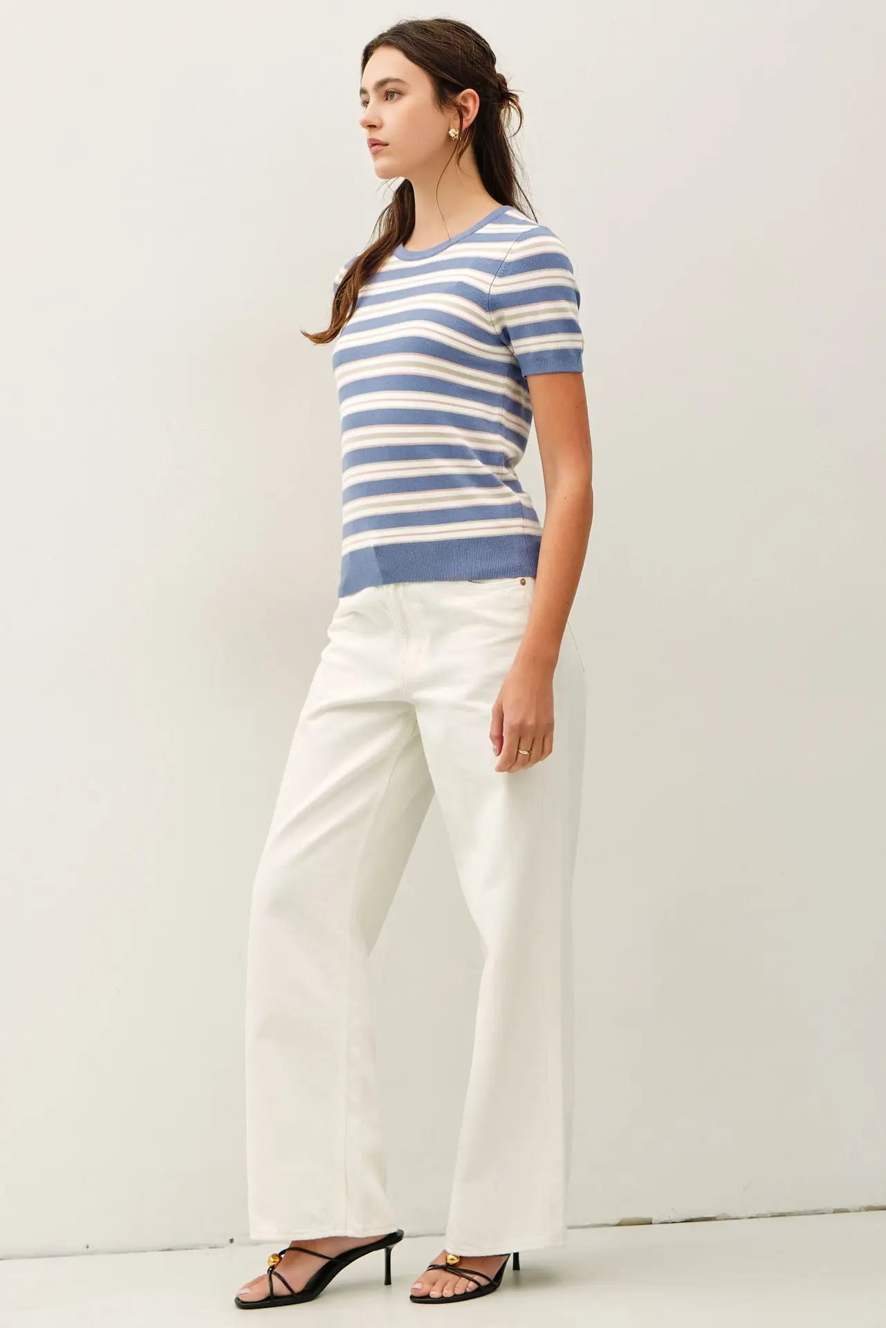 Classic Fit Striped Sweater Top- Dusty Blue