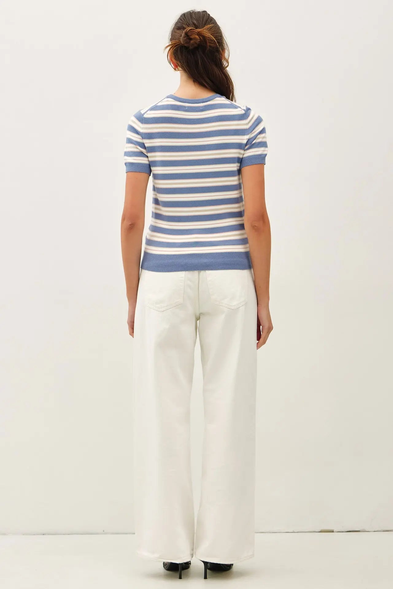 Classic Fit Striped Sweater Top- Dusty Blue