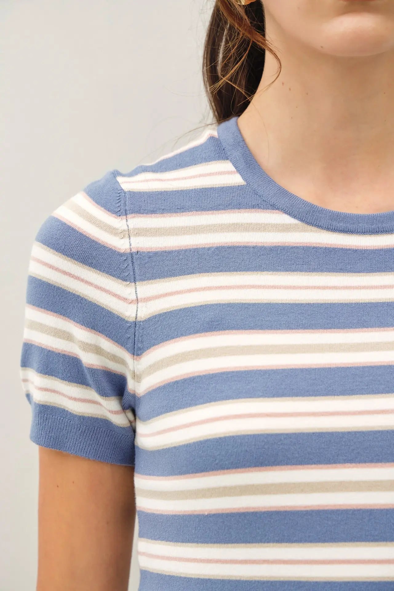 Classic Fit Striped Sweater Top- Dusty Blue