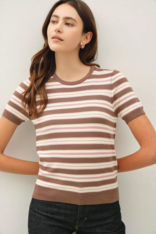 Classic Fit Striped Sweater Top- Mocha