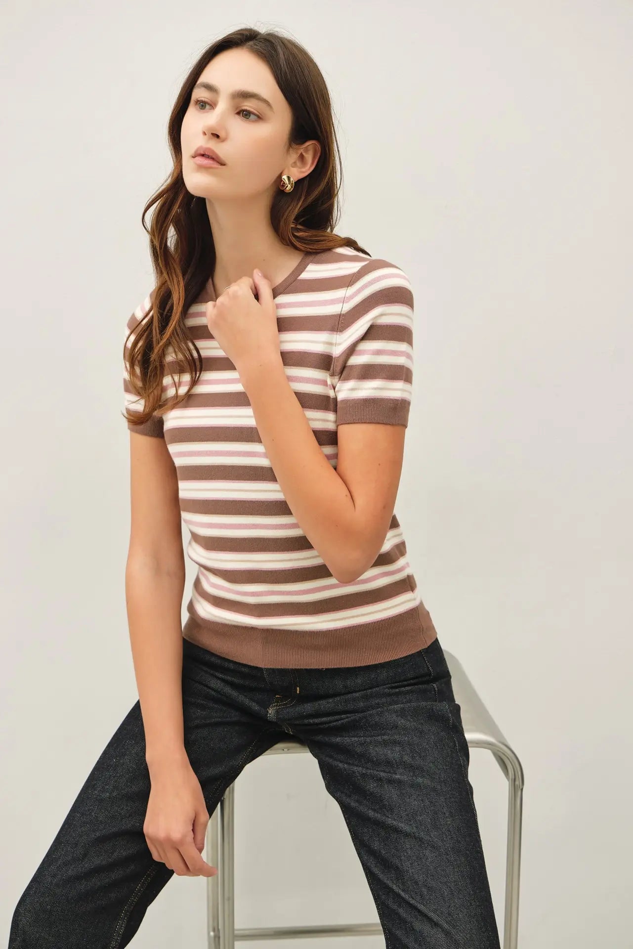 Classic Fit Striped Sweater Top- Mocha