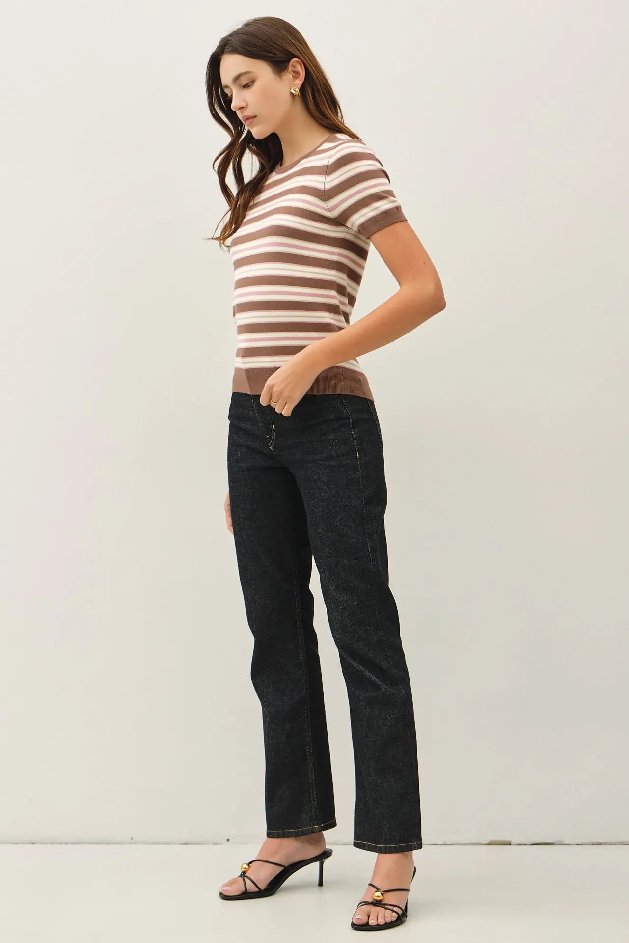 Classic Fit Striped Sweater Top- Mocha