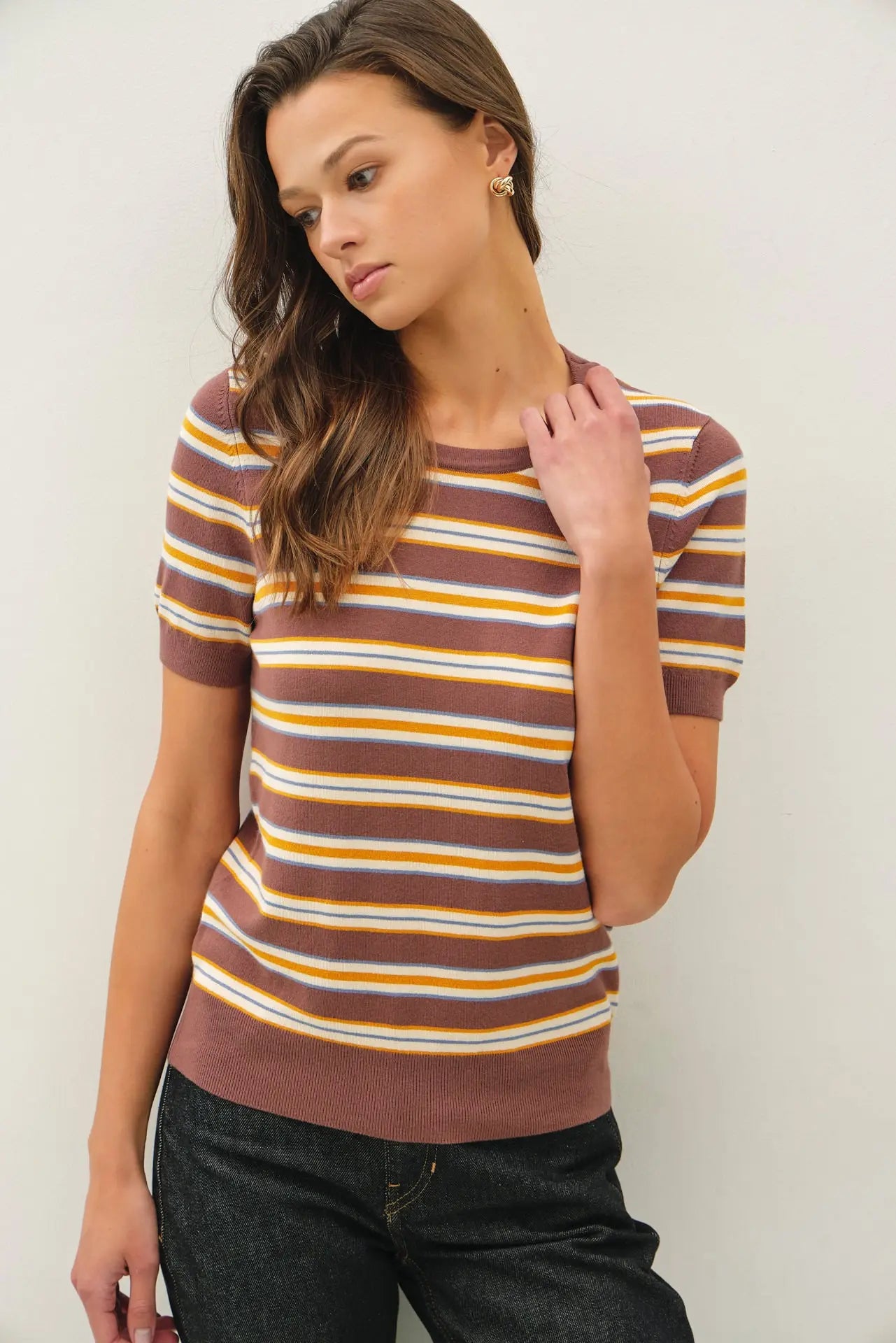 Classic Fit Striped Sweater Top- Chocolate