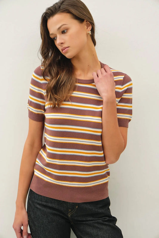 Classic Fit Striped Sweater Top- Chocolate
