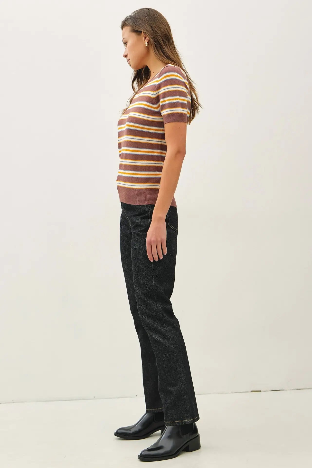 Classic Fit Striped Sweater Top- Chocolate