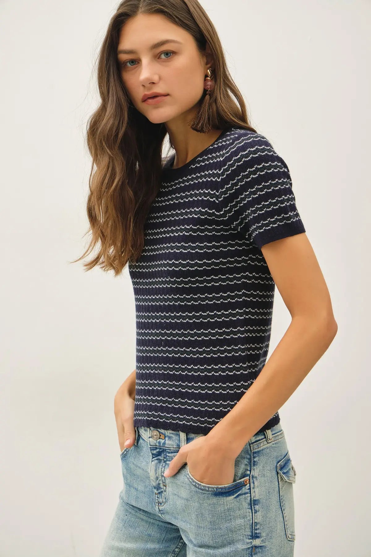 Danica Scallop Sweater Top- Navy